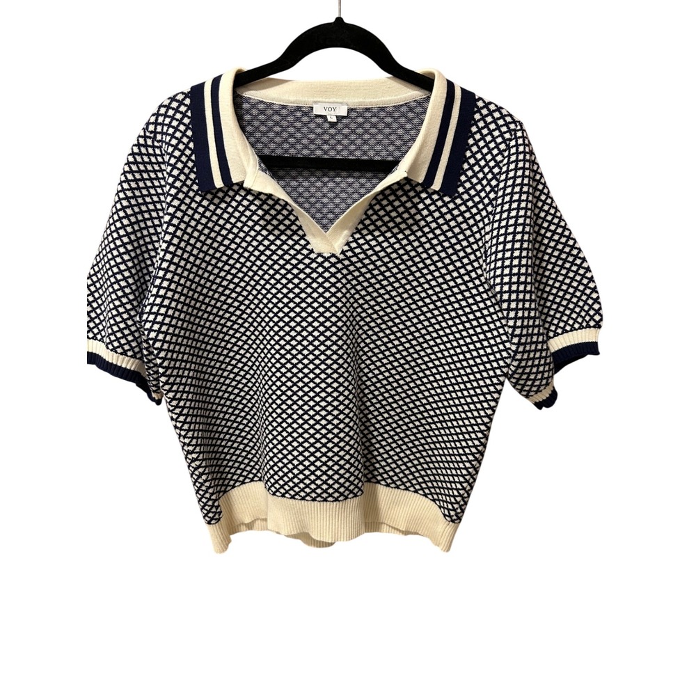 Voy Womens Navy Blue Cream Diamond Knit Short Sleeve Polo Sweater Top Large